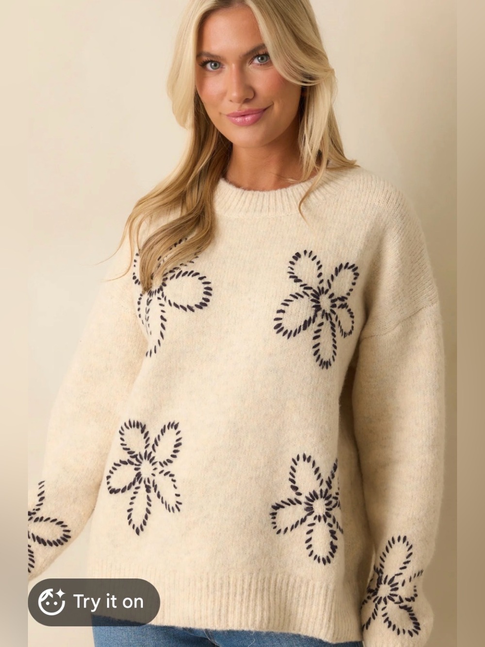 Altar'd State Cream Crewneck Sweater Wool Blend with Navy Floral Stitching